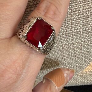 Men's Silver Red Stone Signet Ring - Unbranded